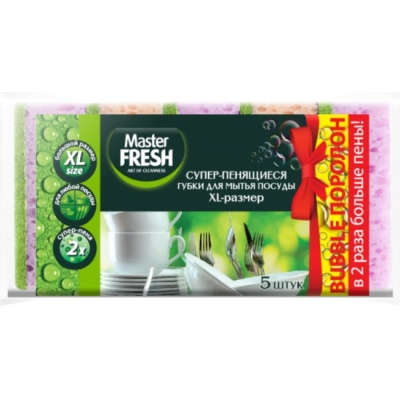 губки для мытья посуды xl (bubble-поролон) master fresh , 5шт. микс яркие цвета 17,5*7*10 см.(кор=40