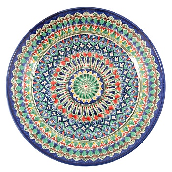 ляган круглый риштанская керамика, 41см, коричнево-красно-синий орнамент