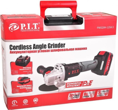 ушм аккумуляторная бесщеточная p.i.t. pws20h-125a/1, 20в, li-ion 4ач, 125мм