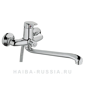 смеситель для ванны hb2216 однорычажный длинный излив с лейкой и шлангом цвет хром