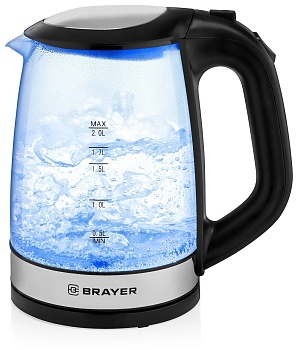 1040br-bk чайник электрический brayer. 2220вт, 2 л, стекл., черный.