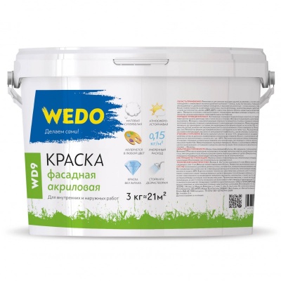 краска фасадная акриловая супербелая wedo wd9, 3 кг