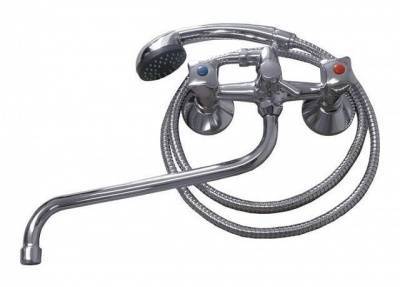 смеситель для ванны 0402.642 двухвентильный длинный излив с лейкой и шлангом цвет хром