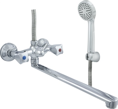 смеситель для ванны кватра цс-см 600/5-4 двухвентильный длинны излив с лейкой и шлангом цвет хром