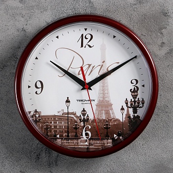 часы настенные, серия: город, "париж", бордовый обод, 23х23 см