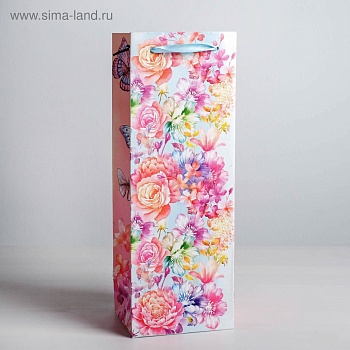 пакет ламинированный под бутылку «цветы и бабочки», 13 ? 36 ? 10 см