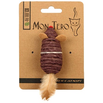 мон теро эко игрушка для кошек"мышь" 7,6см с перьями, с кошач.мятой, фиолетовая /12/144/