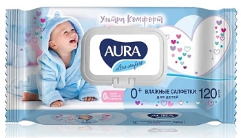 влажные салфетки для детей 120шт/уп. с алоэ и витамин. е aura ultra comfort