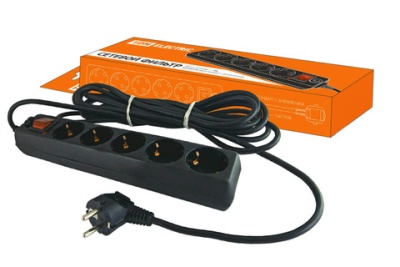 сетевой фильтр с выключателем, 5 гнезд, 3 метра, с заземлением, пвс 3х1мм2 16а/250в черный