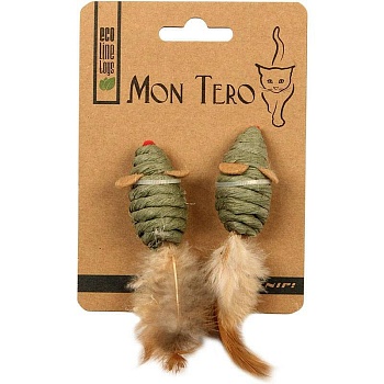 мон теро эко игрушка для кошек "мышь", 2шт х 5 см,с перьями с кошач. мятой, зелен../12/144/