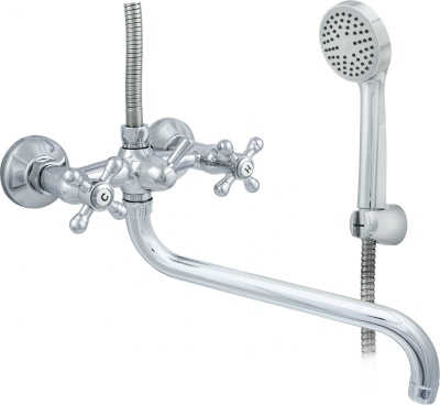 смеситель для ванны крест цс-см 600/5.1-4 двухвентильный длинны излив с лейкой и шлангом цвет хром