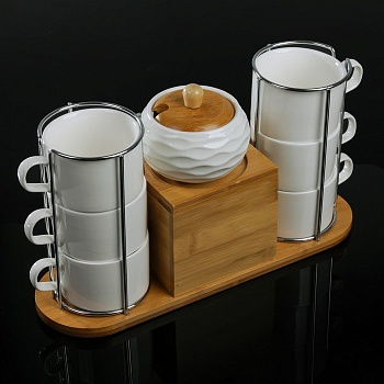 набор чайный «эстет», 13 предметов: 6 чашек 150 мл, 6 подставок, сахарница 200 мл, на деревянной подставке
